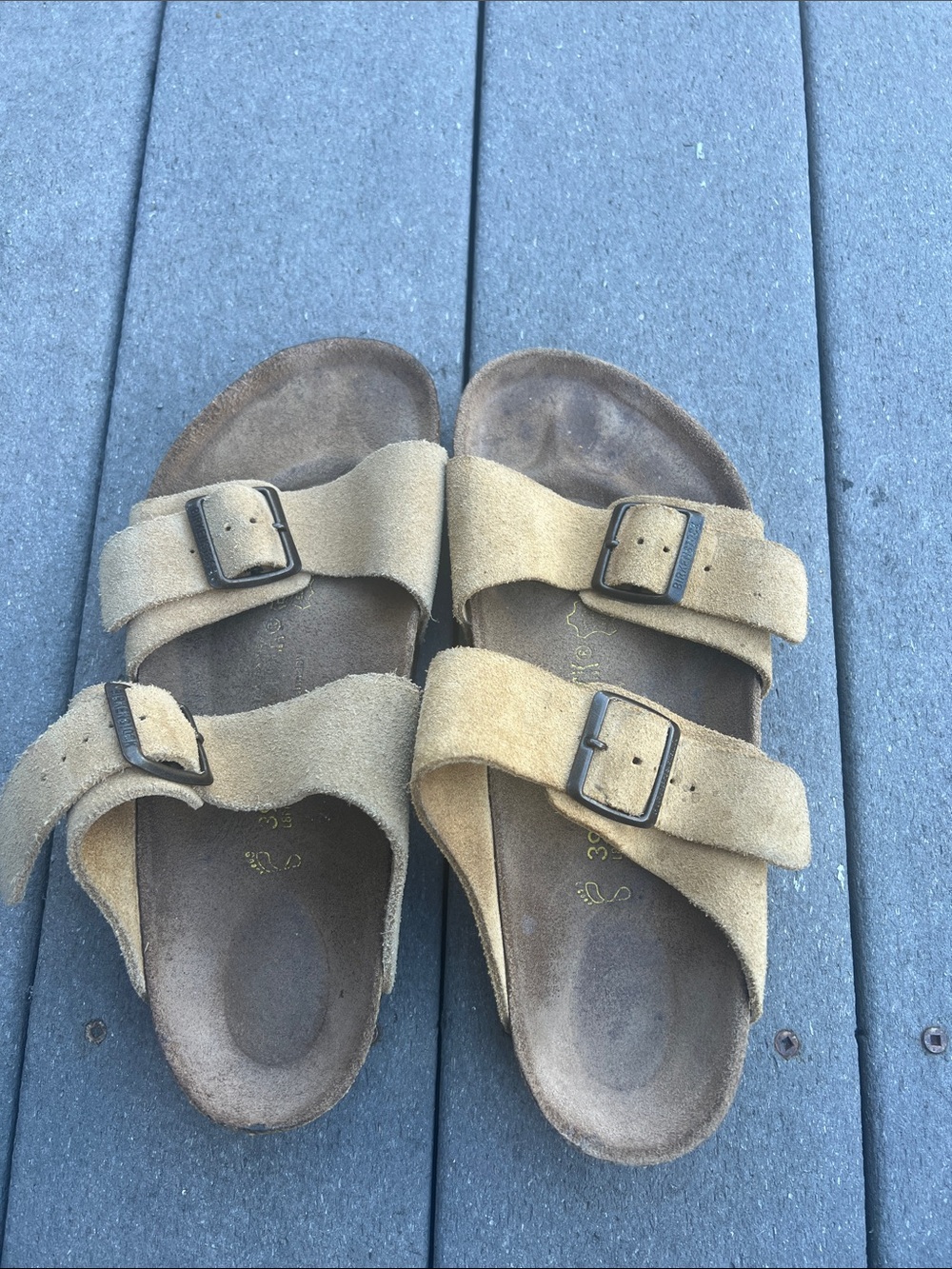 Tan Birkenstock 2 strap suede sandals